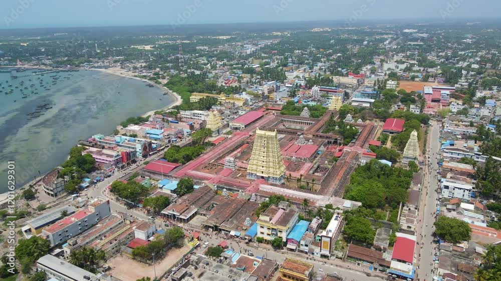 Aerial drone shot of Rameshwaram temple, revealing its intricate details and its location within the city.