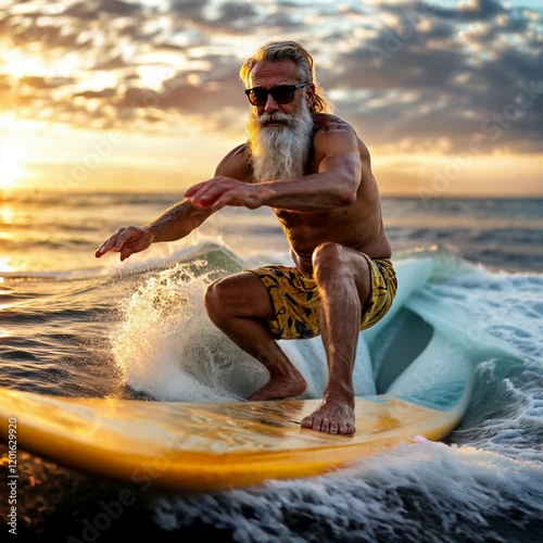 Older man with modern style surfing on the beach. Image of active life in the elderly