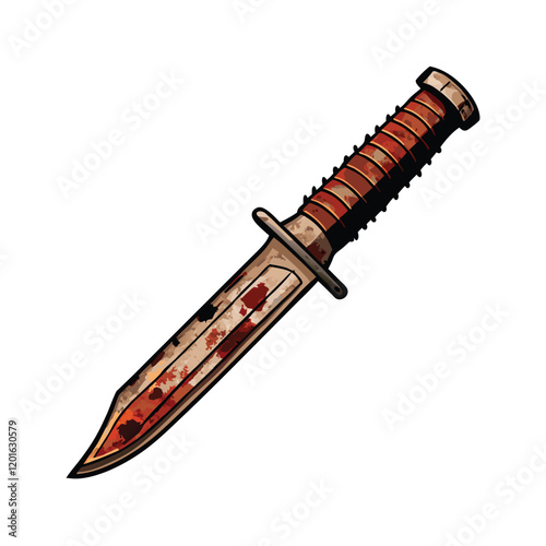 A close-up photograph of a worn combat knife with a visible han, emphasizing the texture and detail of the metal and handle.