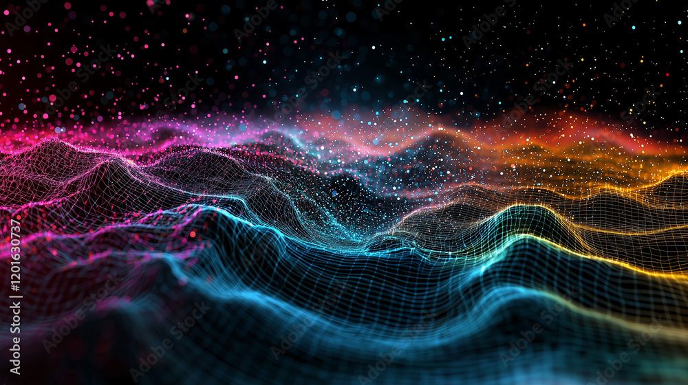Naklejka premium A 3D diagram of Feynman paths, with colorful particle trajectories displayed in an immersive, dark environment.