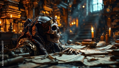 Skeletal Pharaoh in Ancient Library Artwork
