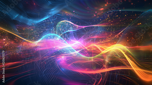 A 3D visualization of quantum wavefunctions, represented as colorful, glowing wave patterns in a dark, futuristic setting.