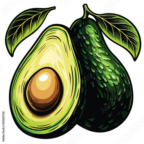 Create a realistic vector illustration of a ripe avocado slice, showcasing its vibrant green flesh, creamy texture, and the seed nestled within.