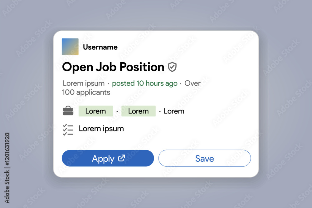 Linkedin open job position template. Glass door work offer description publication. Employer seeks employee. HR marketing publication. Online employing platform. Post about job. Vector illustration. Linkedin open job position template. Glass door work offer description publication. Employer seeks employee. HR marketing publication. Online employing platform. Post about job. Vector illustration.