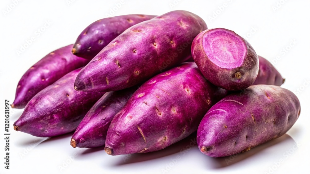 Vibrant Purple Sweet Potatoes Isolated on White Background - Fresh Produce Photography Vibrant Purple Sweet Potatoes Isolated on White Background - Fresh Produce Photography