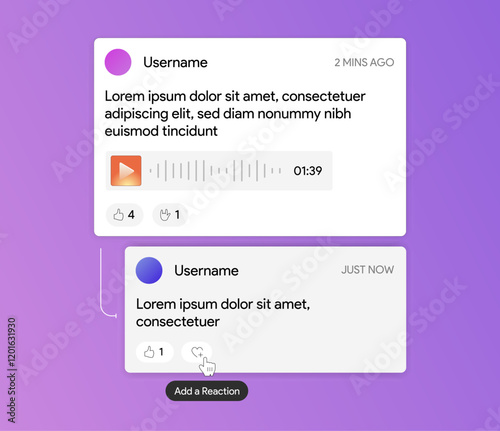 Thread template. Twitter message and reply user interface. Text blog publication. Social media post with voice record. Play audio clip in slack chat. Blog communication. Vector illustration design.