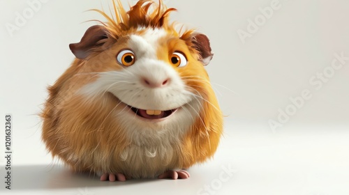 A cheerful cartoon guinea pig with tiny ears, a fluffy tail, and a grin, its orange and white fur adding to its lively and cute expression.