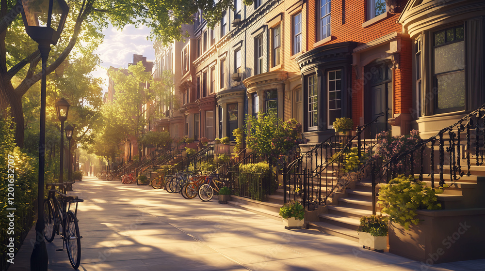 Fototapeta premium A bright, sunlit image shows a row of old townhouses. The scene appears to be an upload to a stock site