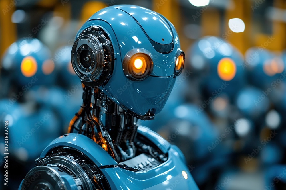 Close-up of a blue robot in a factory setting, with others blurred in the background. Close-up of a blue robot in a factory setting, with others blurred in the background.