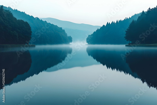 Serene morning mist over a tranquil lake nestled between lush blue mountains, creating a stunning mirror-like reflection of nature's peacefulness