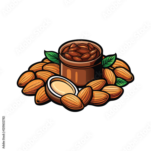 Create a realistic vector illustration of a handful of almonds and hazelnuts, with a focus on their textures and details.