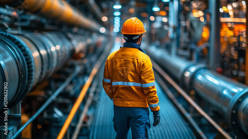 An engineer in protective clothing and a hard hat stands in an industrial area inspecting pipes and equipment.

