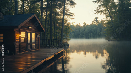 A calm lake at dawn reflects a cabin nestled in the woods. It's one of many similar images flagged as generated using AI