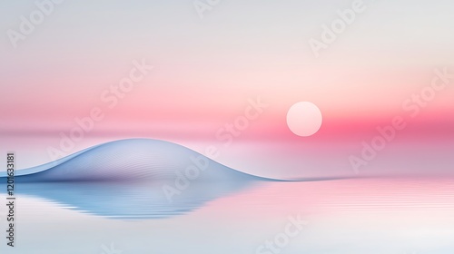 Pastel sunset over calm water, abstract hills, serene scene, website background