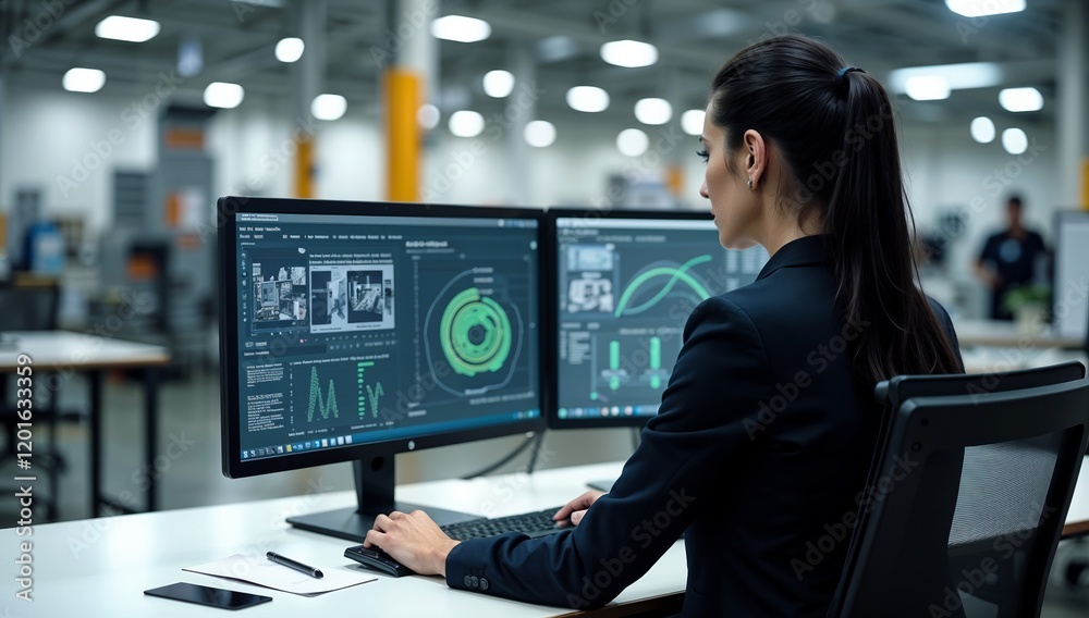 Businesswoman Analyzing Data on Dual Monitors in a Modern Industrial Office Businesswoman Analyzing Data on Dual Monitors in a Modern Industrial Office