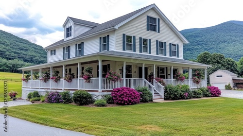 Charming farmhouse with a large front porch, surrounded by lush landscaping, situated in a rural valley setting. photo