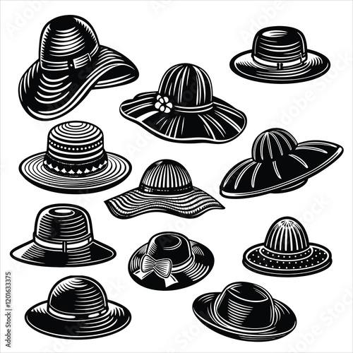 set of vector various style sun hat, beach hat, summer straw hat silhouettes