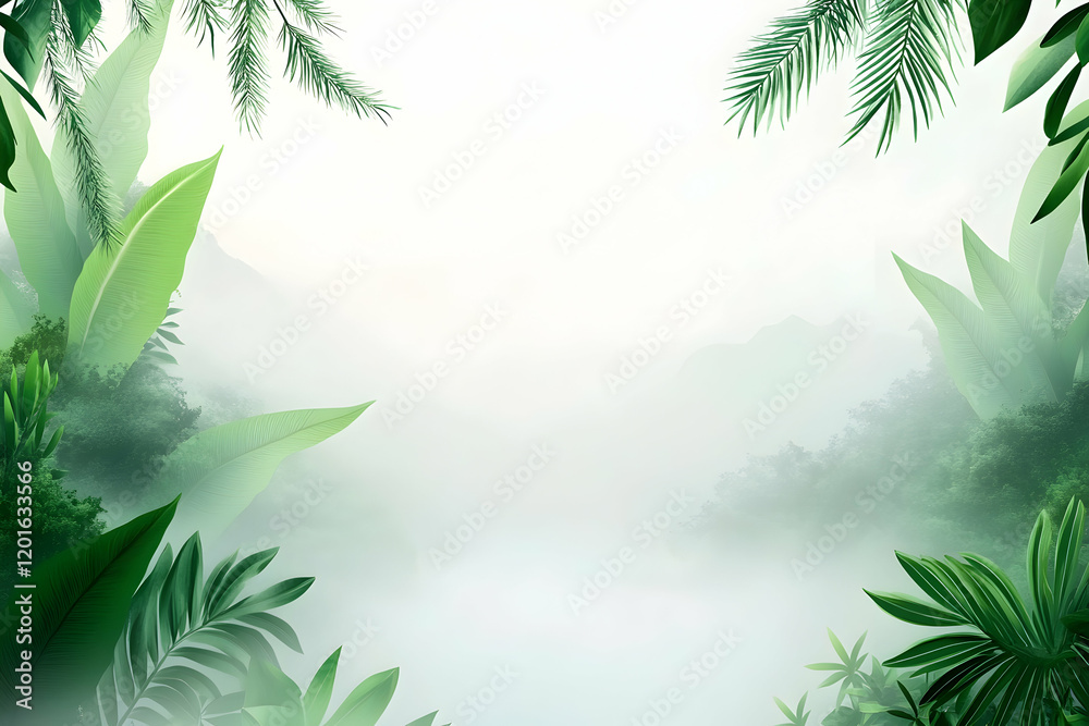 Serene misty jungle landscape, lush green foliage framing a tranquil scene. Perfect for eco-friendly, travel, or wellness themes. Serene misty jungle landscape, lush green foliage framing a tranquil scene. Perfect for eco-friendly, travel, or wellness themes.