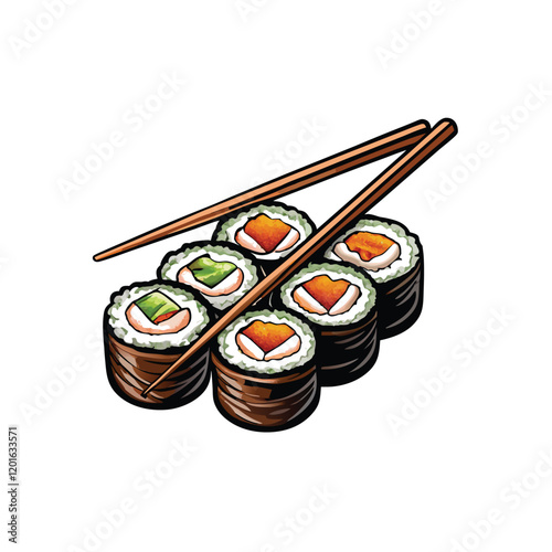 A meticulously detailed vector illustration of a classic sushi roll, perfectly sliced into individual pieces, showcasing its intricate layers and vibrant ingredients.