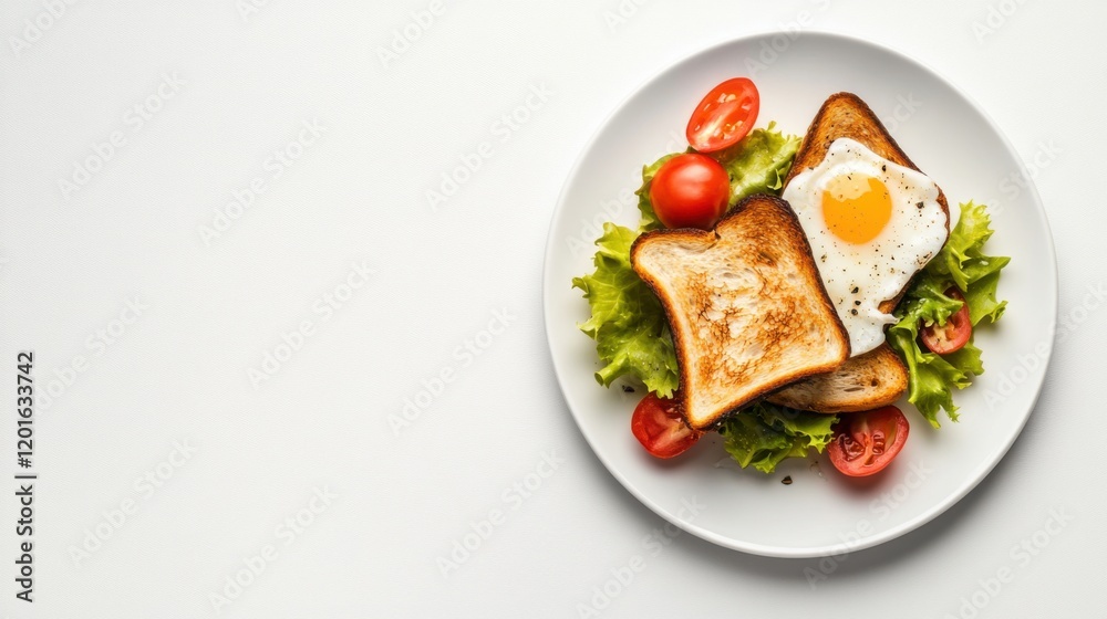 Delicious and Healthy Breakfast Plate Featuring Fried Egg on Toast with Fresh Tomatoes and Crisp Leafy Greens Against a Minimalist White Background Delicious and Healthy Breakfast Plate Featuring Fried Egg on Toast with Fresh Tomatoes and Crisp Leafy Greens Against a Minimalist White Background