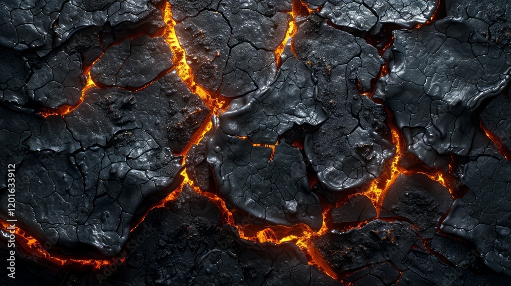 The image shows an intense and vibrant depiction of molten lava cracks on a dark volcanic surface The image shows an intense and vibrant depiction of molten lava cracks on a dark volcanic surface