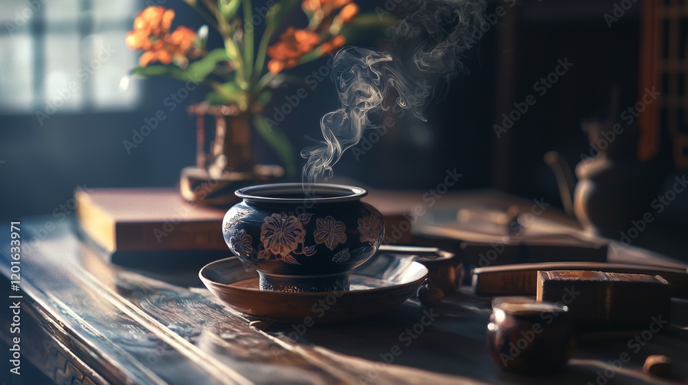 Obraz premium Rustic tea setup with steaming teapot and wooden table