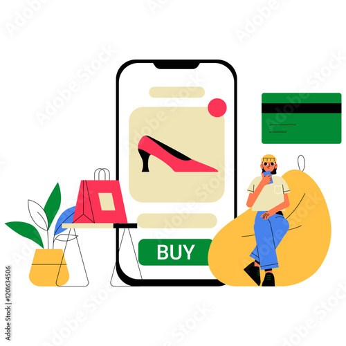 Man Relaxing With Online Shoe Purchase Display On Smartphone In Flat Vector Illustration Symbolizing E Commerce, Fashion Shopping, And Digital Convenience.