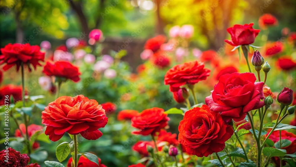 Vibrant Red Poppy and Rose Garden Blooms - Candid Summer Photography Vibrant Red Poppy and Rose Garden Blooms - Candid Summer Photography