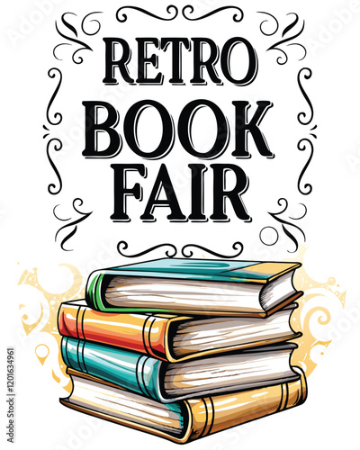 Design a retro book fair poster featuring a stack of old books with a vintage typewriter, reading glasses, and a cup of coffee.
