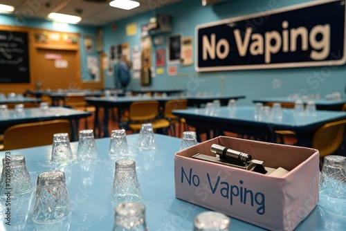 Classroom emphasizing no vaping policy with vaporizer and warning sign
