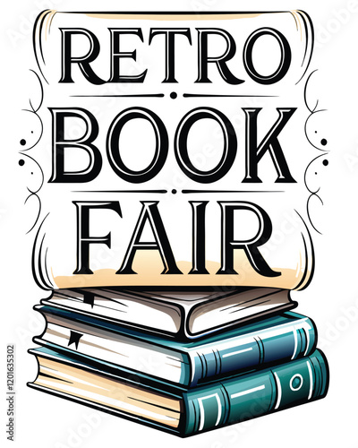 A vibrant retro poster for a book fair featuring a whimsical stack of vintage books with worn spines and yellowed pages.