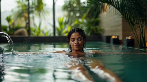 Portrait of a young mulatto woman in a hot spring spa pool	