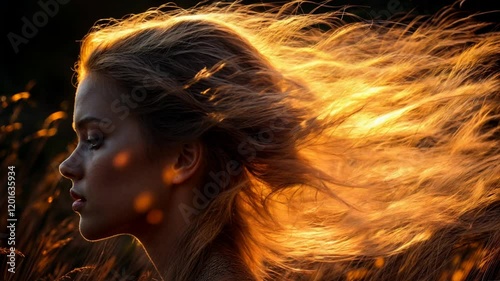 Profile portrait of a young woman with her hair blowing in the wind in the middle of nature. Psychological female portrait