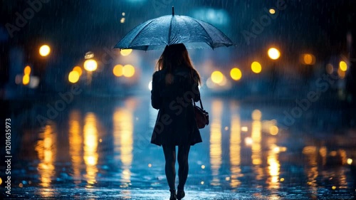 Woman with an umbrella walking along an urban street at dusk	