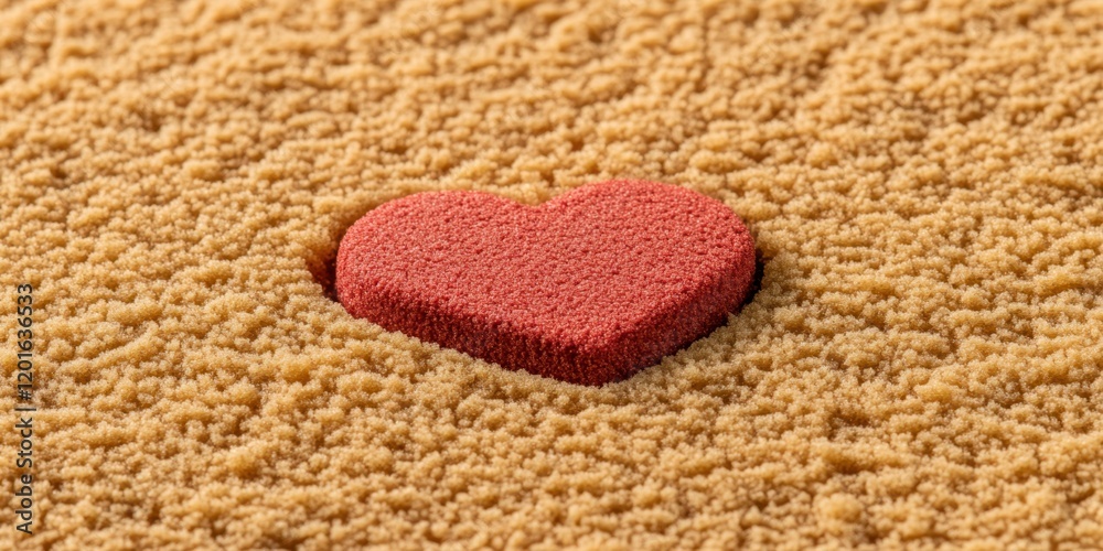 Fototapeta premium A luscious red heart-shaped cake rests elegantly on a soft brown carpet, radiating love and sweetness, perfect for a romantic Valentine's Day celebration.