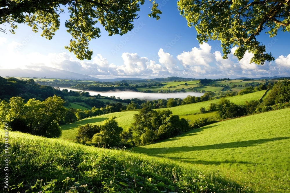 Obraz premium Idyllic rolling hills at dawn, mist rising gently, horizon shrouded in ethereal light