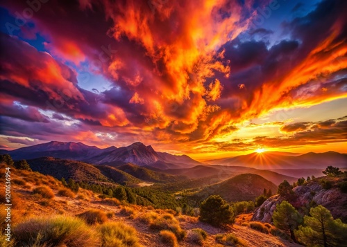 Vibrant Sunset Landscape: Palpitating Hues of Orange and Purple