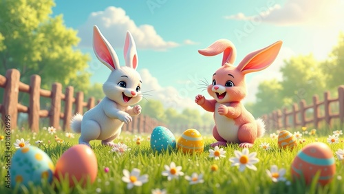 Joyful easter bunny kids playing in flower-filled meadow with colorful eggs