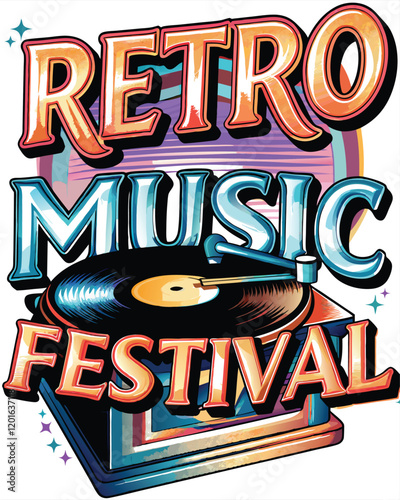 A retro music festival poster with a record player as the central element, using bold colors and fonts to create a vintage feel.