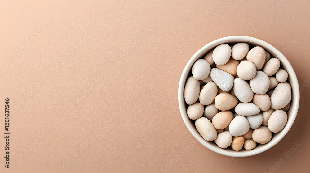 Arranging decorative pebbles in a neutral bowl home decor still life minimalist top view Arranging decorative pebbles in a neutral bowl home decor still life minimalist top view
