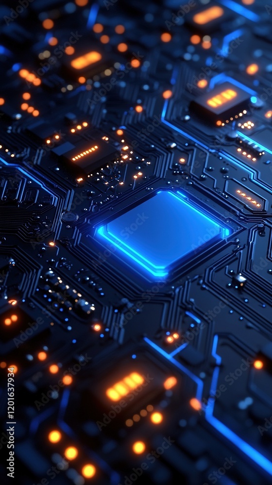 Fototapeta premium Close-up of a glowing blue CPU on a circuit board.