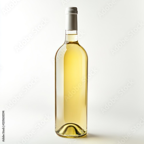 White Wine Bottle: A pristine bottle of pale yellow white wine stands elegantly against a bright background, ready to be uncorked and enjoyed. photo