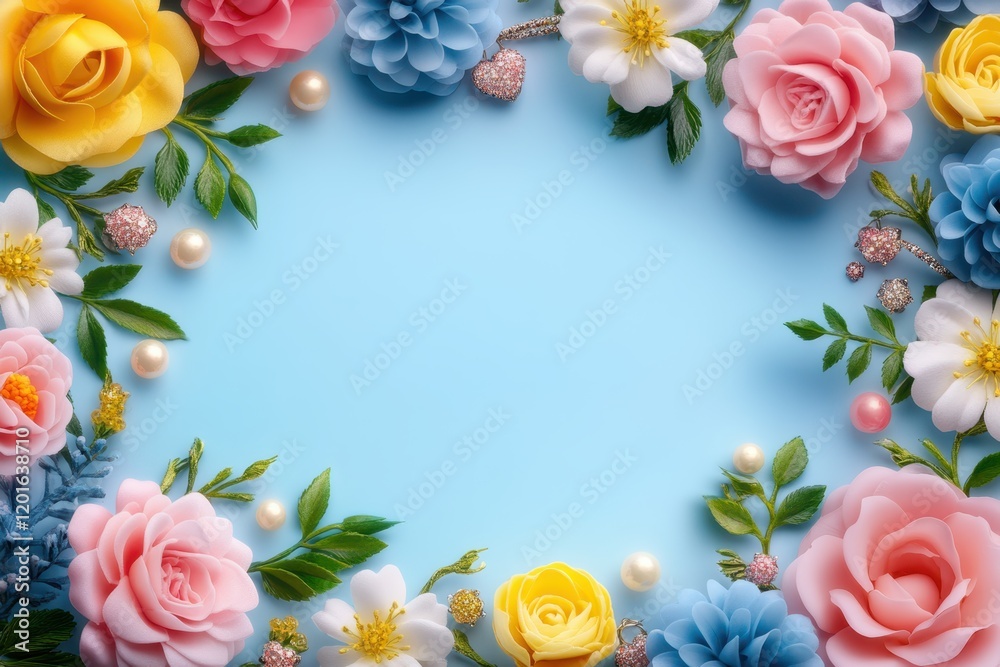 A delicate circle of vibrant flowers and shimmering pearls rests gracefully on a serene blue canvas, evoking love and beauty for Valentine's Day. A delicate circle of vibrant flowers and shimmering pearls rests gracefully on a serene blue canvas, evoking love and beauty for Valentine's Day.
