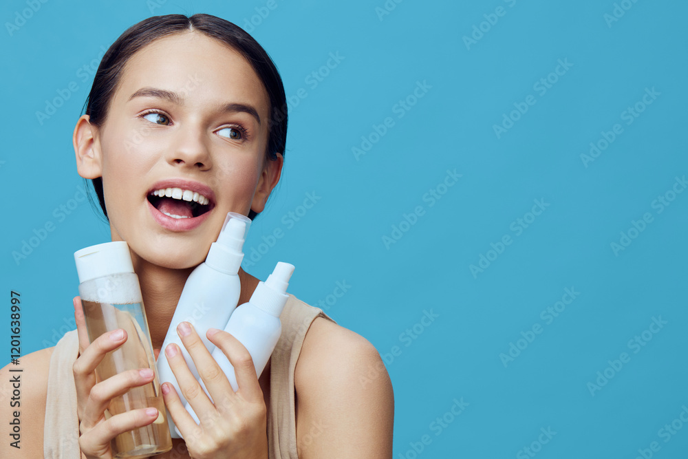 Young woman showcasing skincare products with a cheerful expression against a bright blue background, emphasizing healthy beauty and self care Young woman showcasing skincare products with a cheerful expression against a bright blue background, emphasizing healthy beauty and self care
