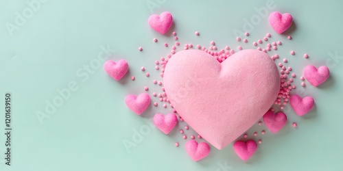 Soft pink heart surrounded by sweet candy hearts on a light green background, perfect for celebrating love and affection