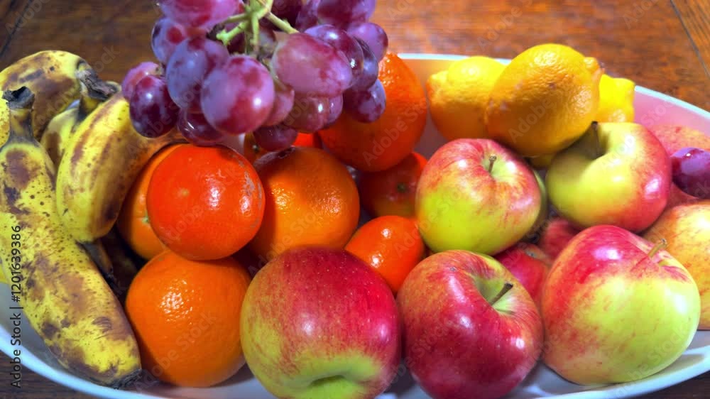 Closeup slow motion shot of a hand placing a bunch of fresh, juicy red grapes on top of a fruit bowl on a table, containing unpeeled, apples, oranges, bananas and lemons.