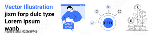 Person using cash back option, decentralized finance DeFi network with icons, financial plant growth. Ideal for digital finance, cryptocurrency, cashback programs, fintech startups, financial