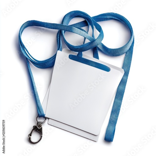 Blank Identification Badge with Lanyard: A clean, modern image featuring a blank white ID card with a bright blue lanyard, ready for your text or design. photo