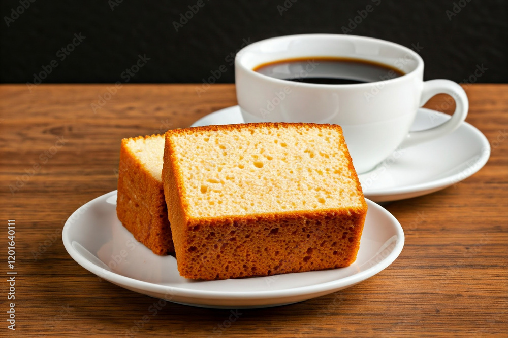 Two slices of golden-brown castella cake on a white plate, accompanied by a cup of black coffee. Two slices of golden-brown castella cake on a white plate, accompanied by a cup of black coffee.