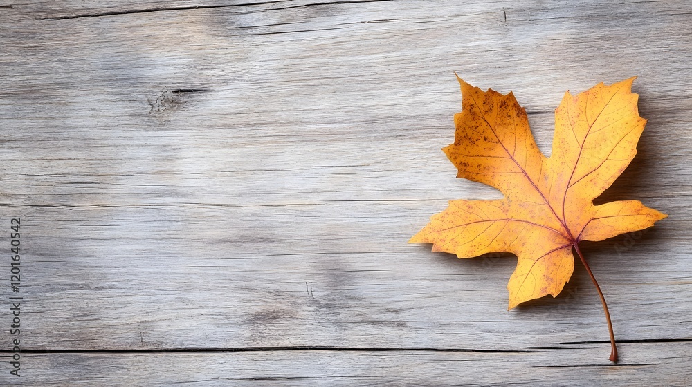 Single Autumn Leaf on Weathered Wooden Surface Single Autumn Leaf on Weathered Wooden Surface